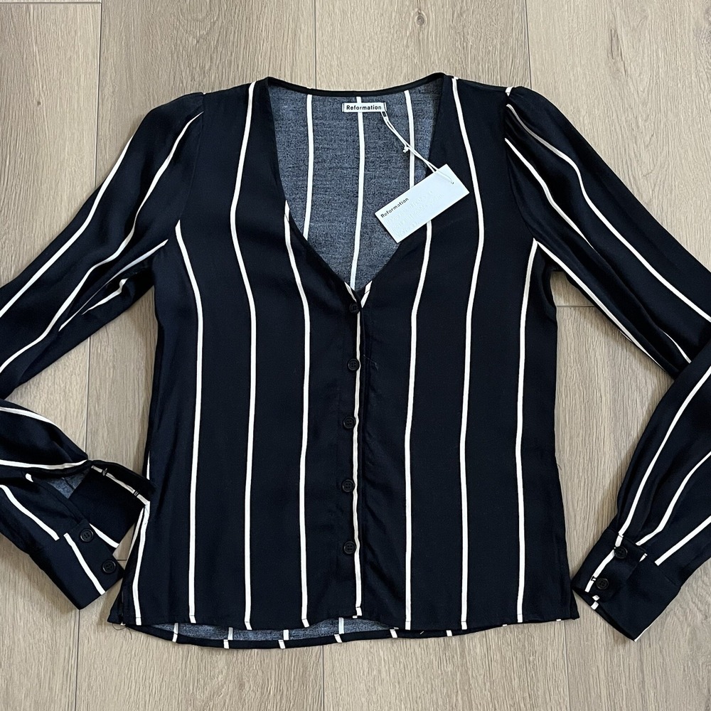 NEW Reformation Womens Black White Striped V-Neck Blouse Top XS Corpcore Work